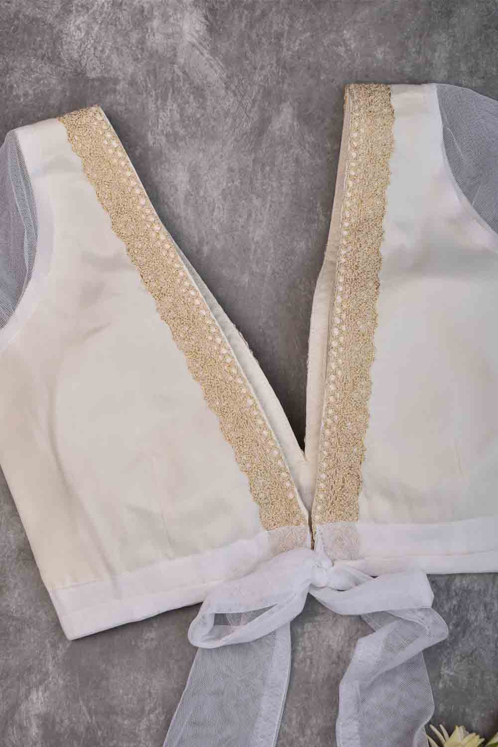 White crepe deep V neck blouse with net sleeves & lace detailing