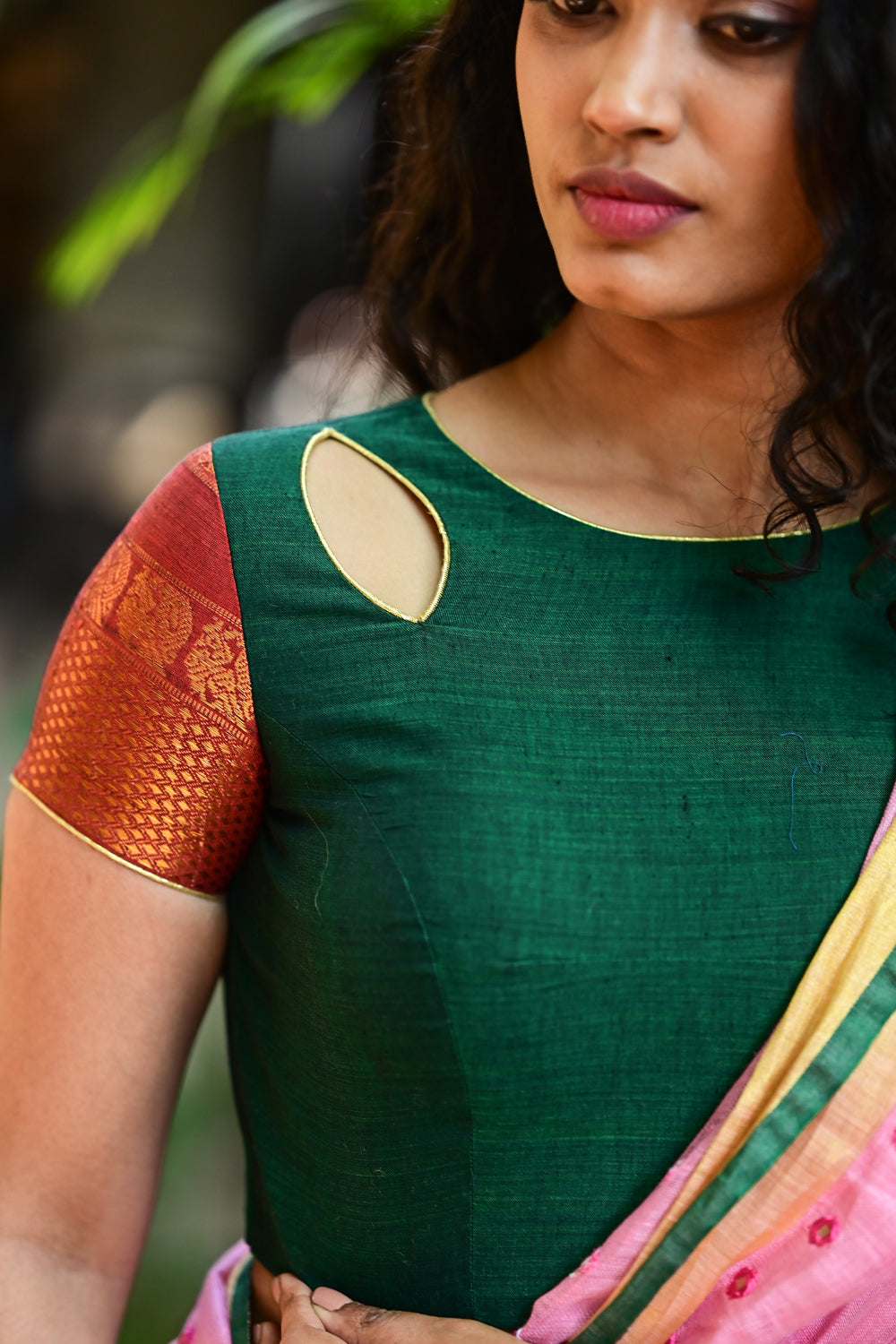Forest green close neck cutout blouse with tie back in narayanpet cotton