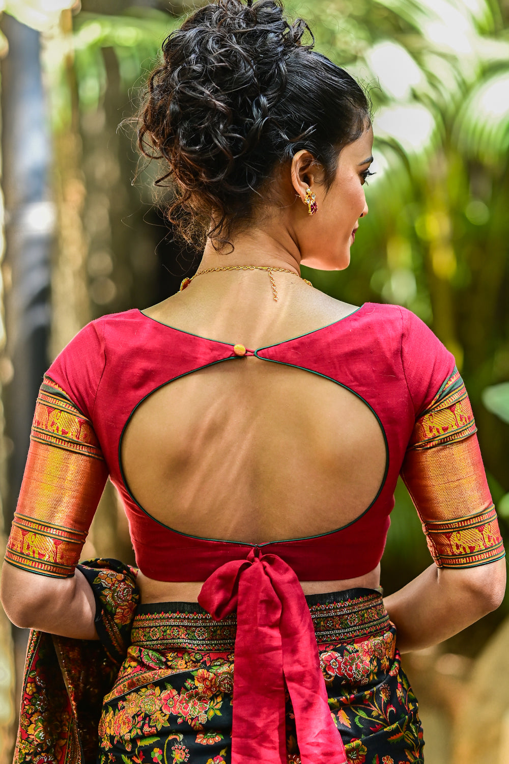 Red boatneck blouse with tie back with gold zari sleeves in narayanpet cotton