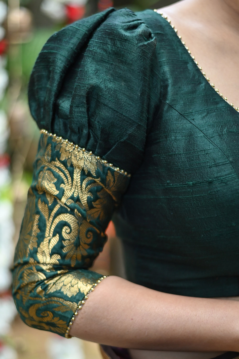 Sacramento green rawsilk U neck blouse with brocade sleeve detailing