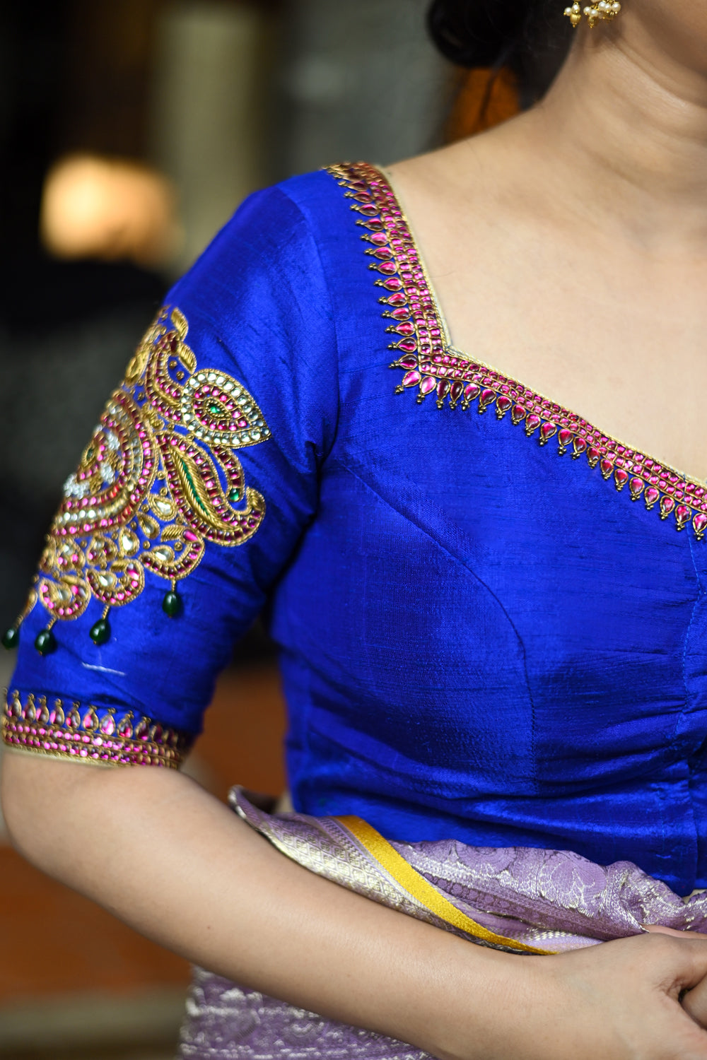 Made to Order: Temple Jewelry Style Jadau Blouse in Purple | Shobitam Blouse