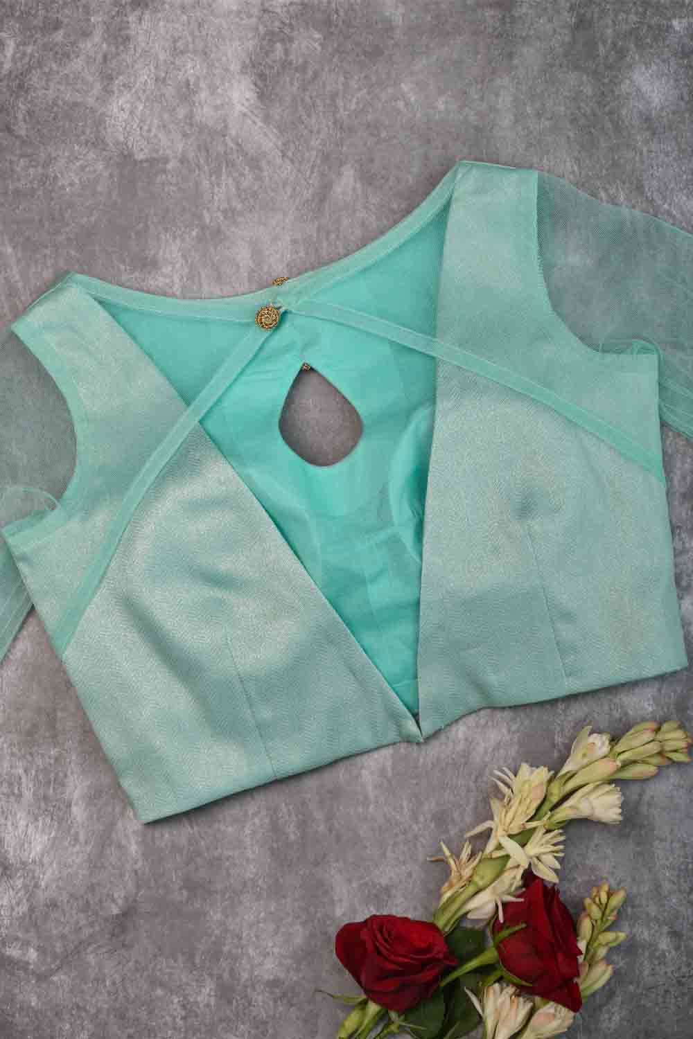 Sea green georgette shimmer boatneck blouse with sheer sleeves & gold button detailing