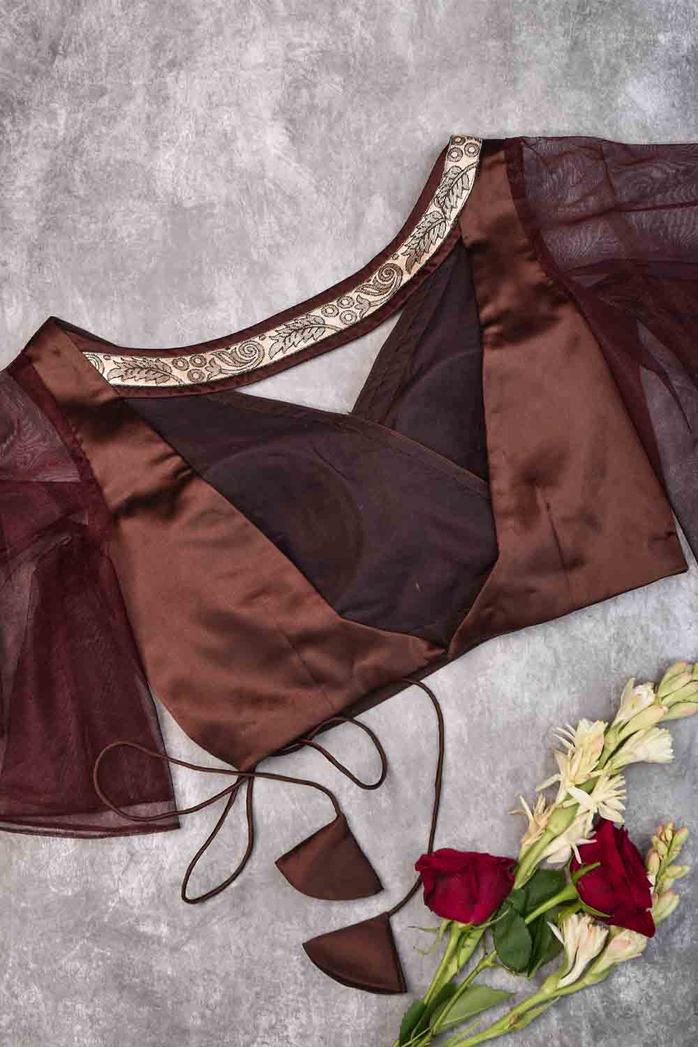 Brown satin cross over blouse with net flutter sleeves & border