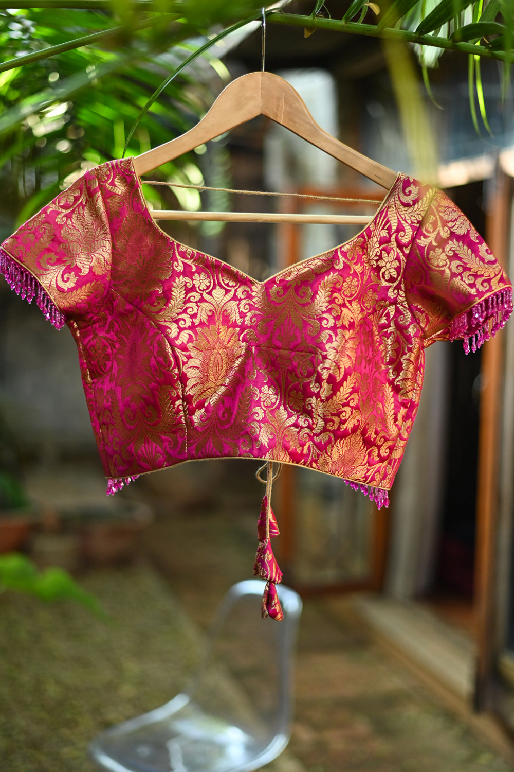 Rani Pink Banarasi Brocade Blouse with Back tie design and dangling beads