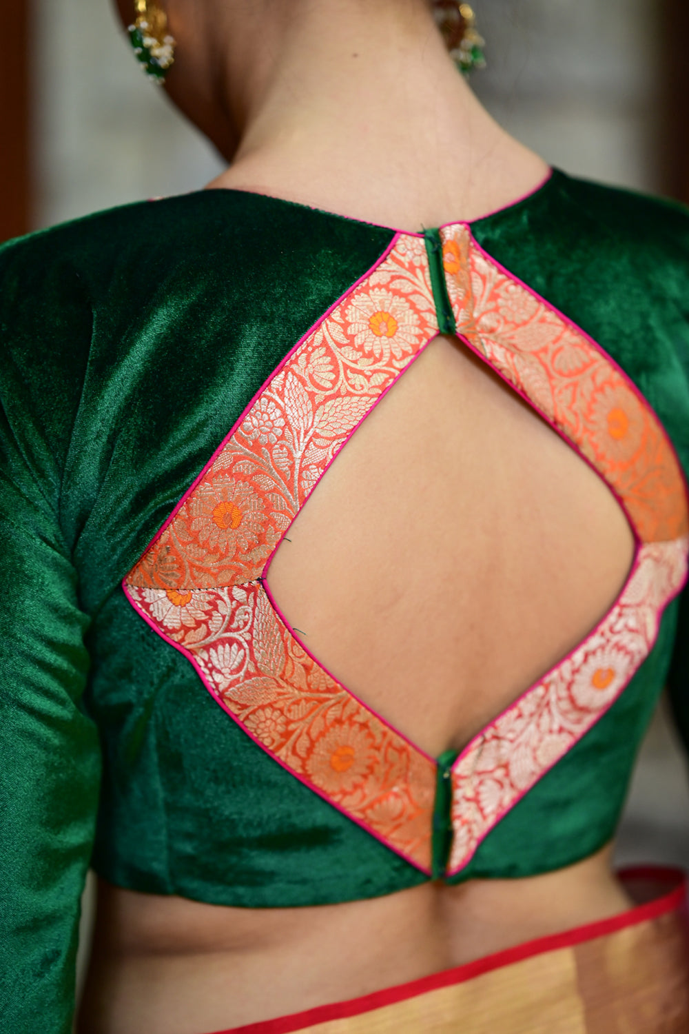 Exquisite Green Velvet Full Sleeve Blouse with Banarasi Meenakari Brocade Yoke and Cuff