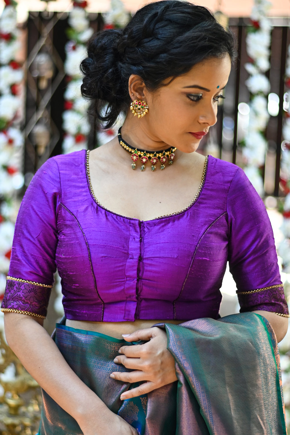 Violet rawsilk with purple brocade U neck blouse