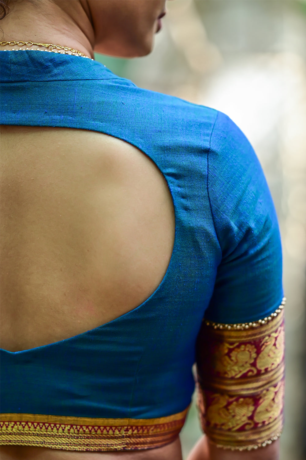 Blue sapphire pot neck blouse in Narayanpet cotton