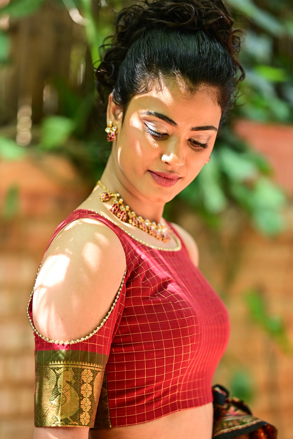 Maroon checked U neck cold shoulder blouse in Chettinad cotton