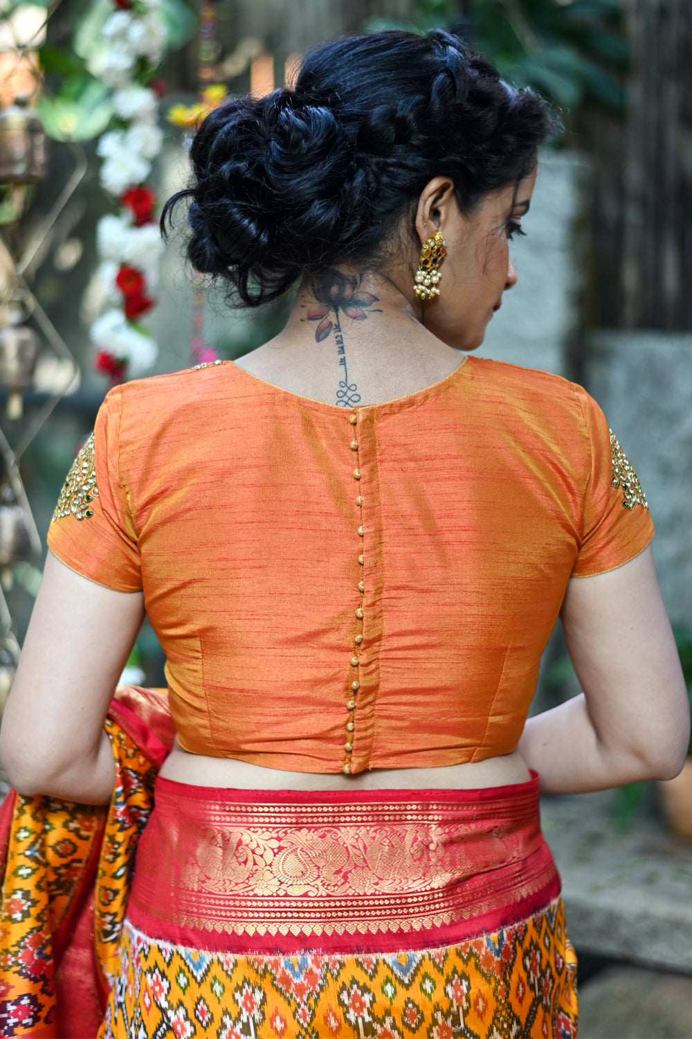 Orange Kundan Jadau Blouse in Necklace design rawsilk blouse