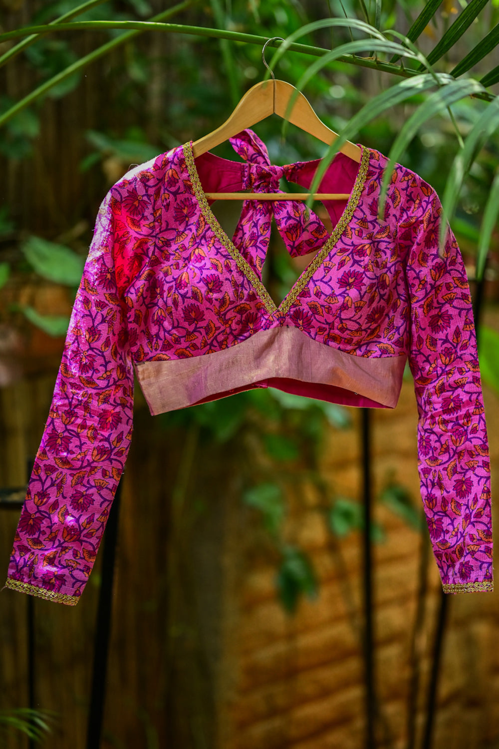 Hot pink floral pure rawsilk full sleeve V neck blouse with lace detailing