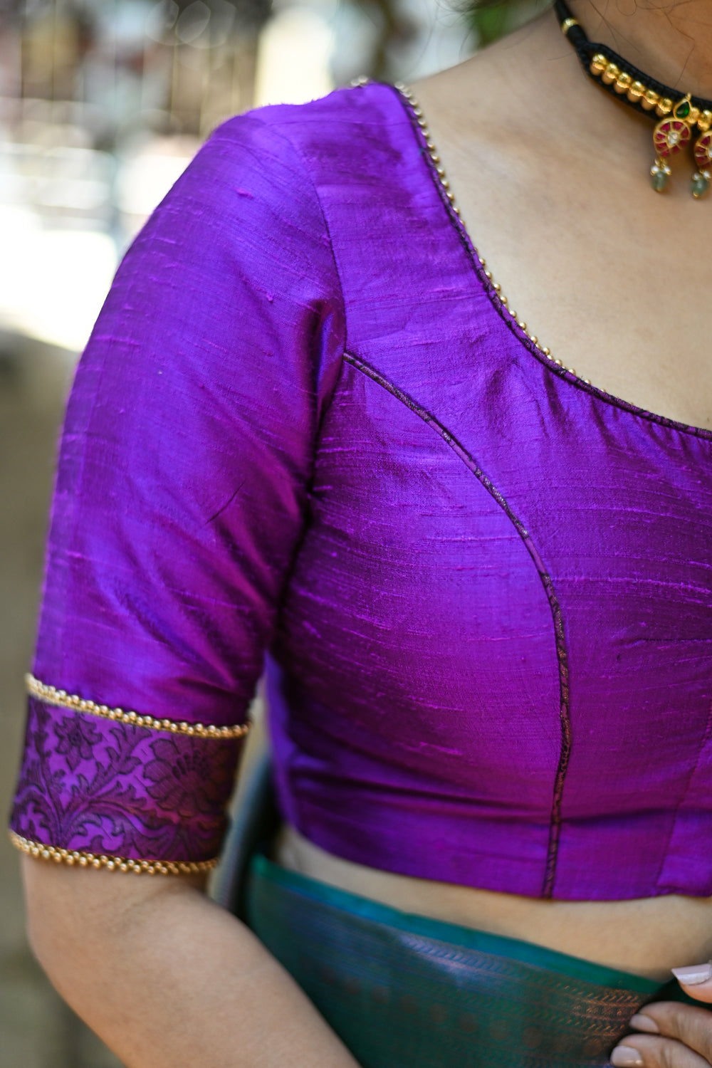 Violet rawsilk with purple brocade U neck blouse