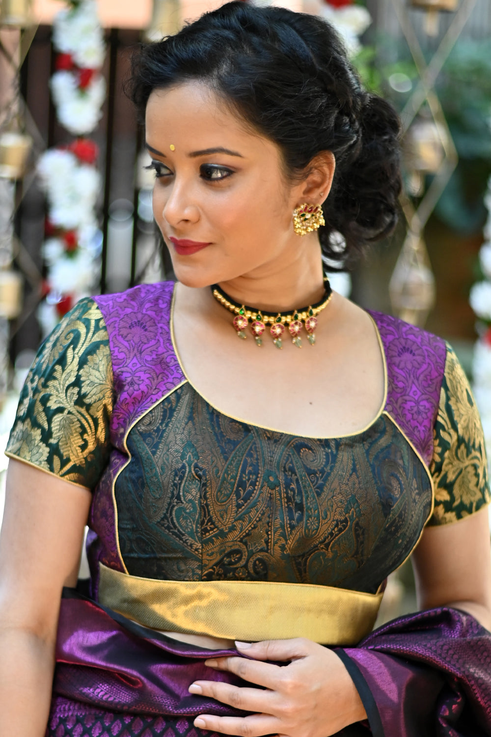 Patchwork U neck blouse in hunter green & purple brocade with gold band