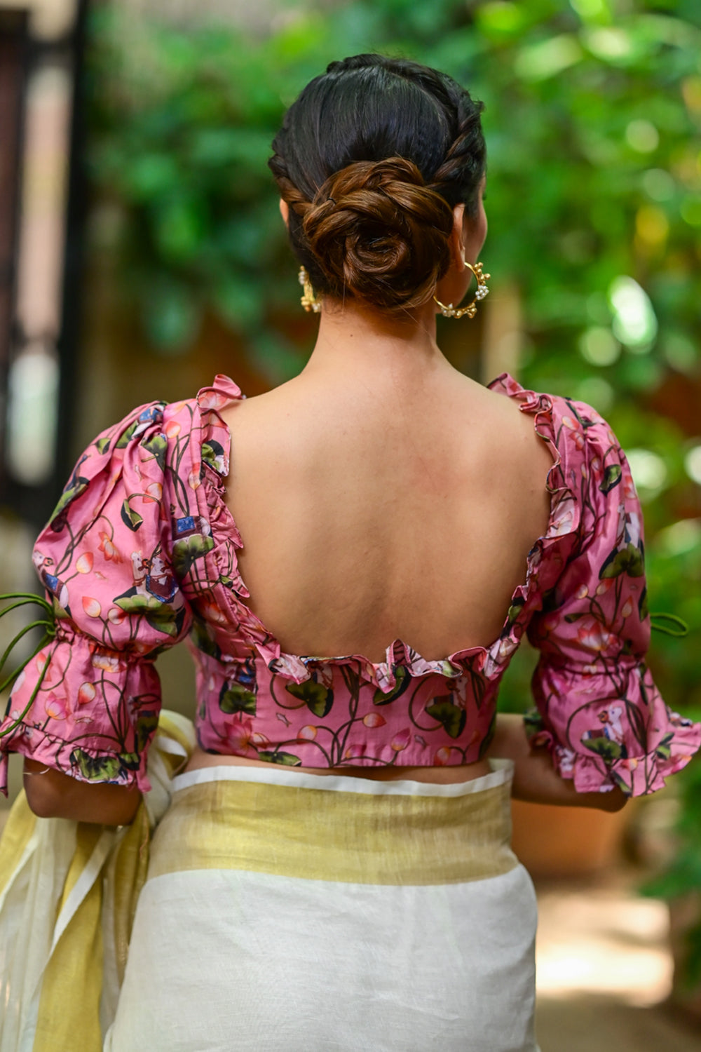 Pink pure silk pichwai printed U neck blouse with puff sleeves