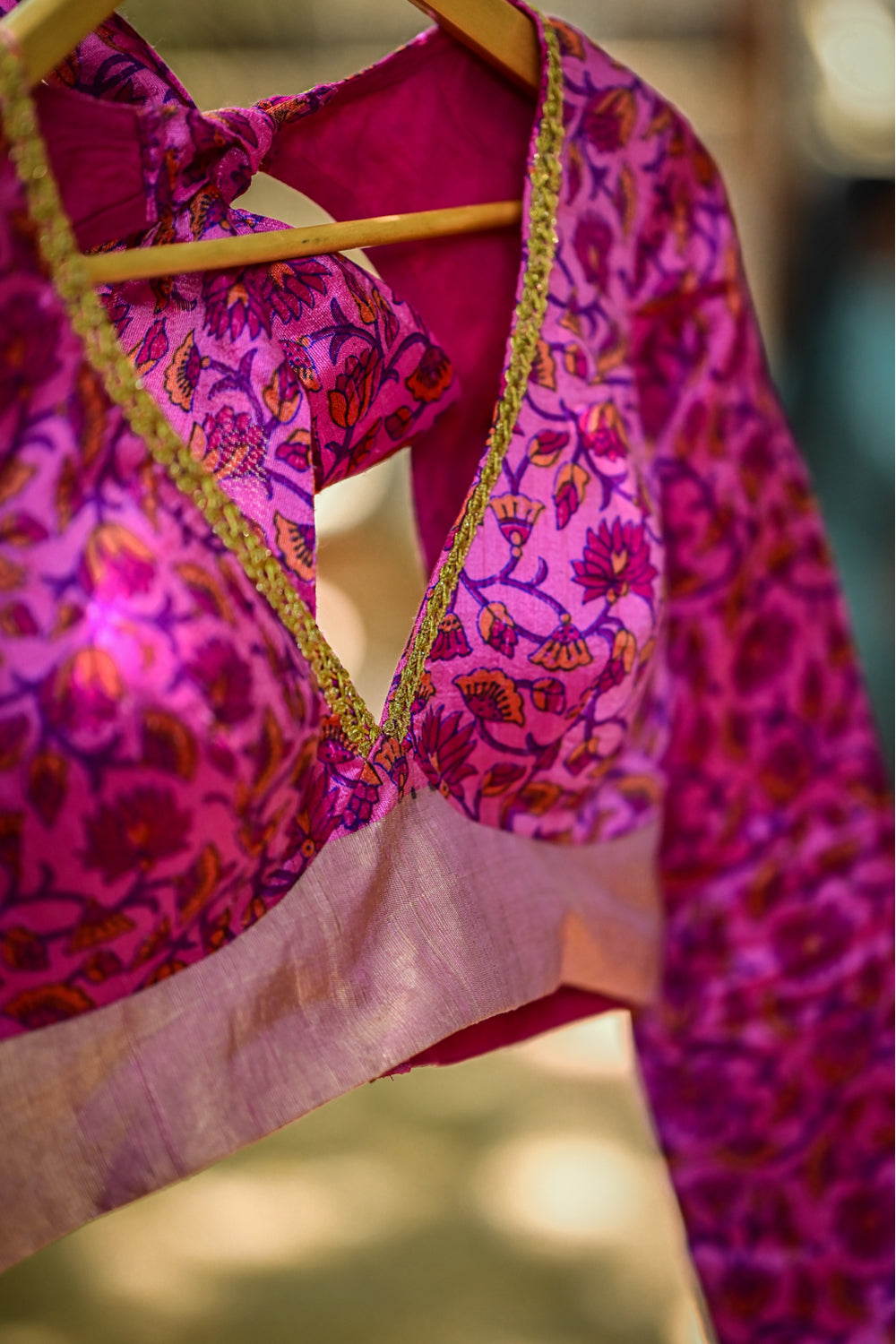 Pink floral Pure Raw Silk full sleeve Plunge neck blouse with Bow tie back