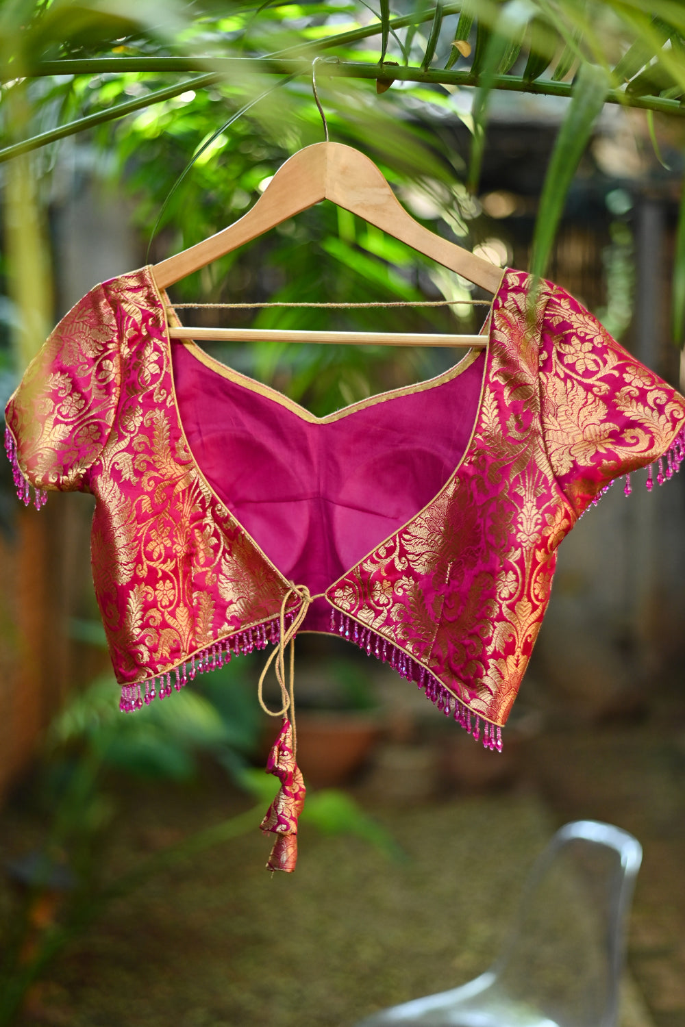 Rani Pink Banarasi Brocade Blouse with Back tie design and dangling beads