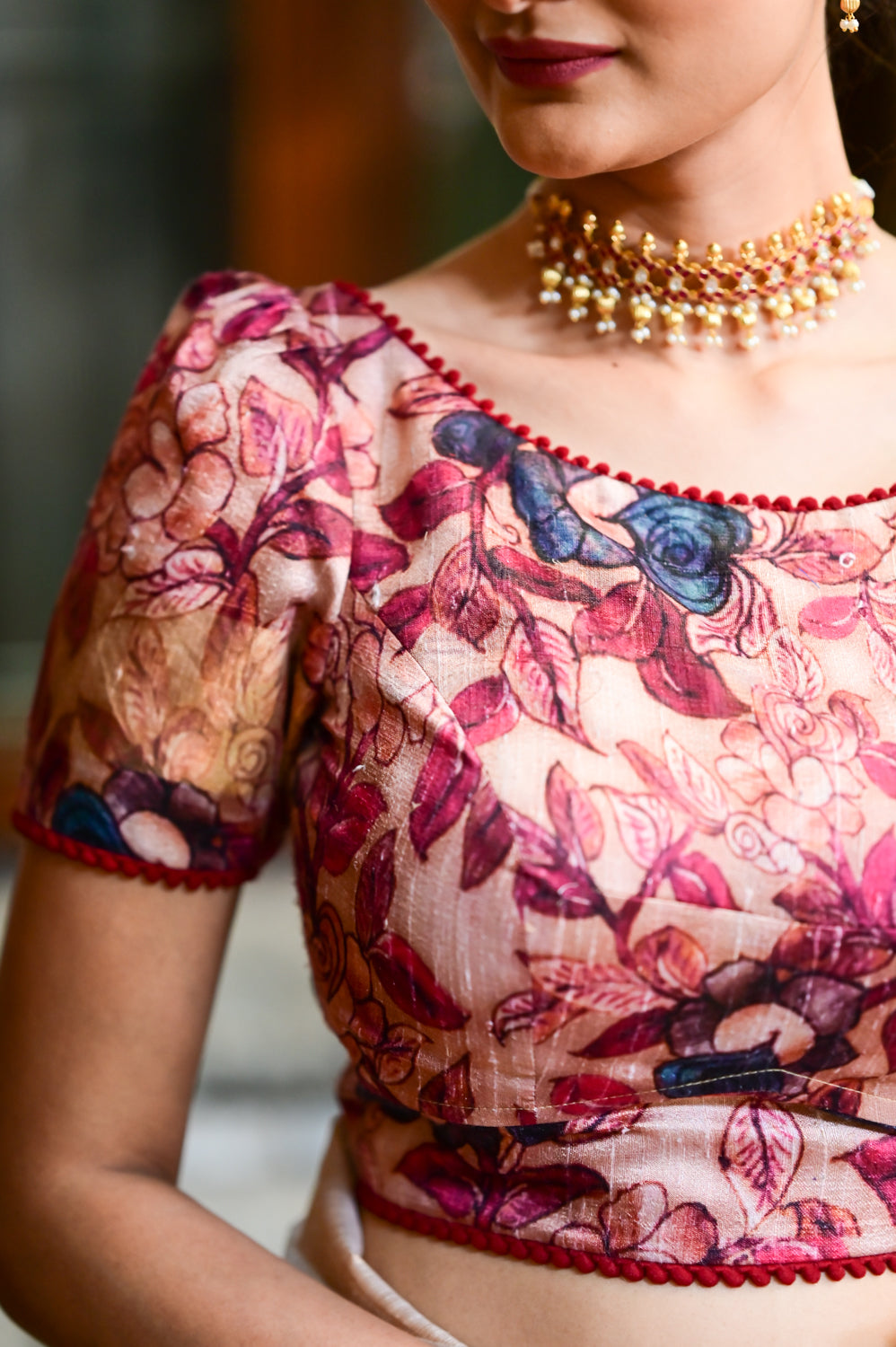 Beige floral  pure rawsilk boatneck blouse with maroon floral print and lace detailing