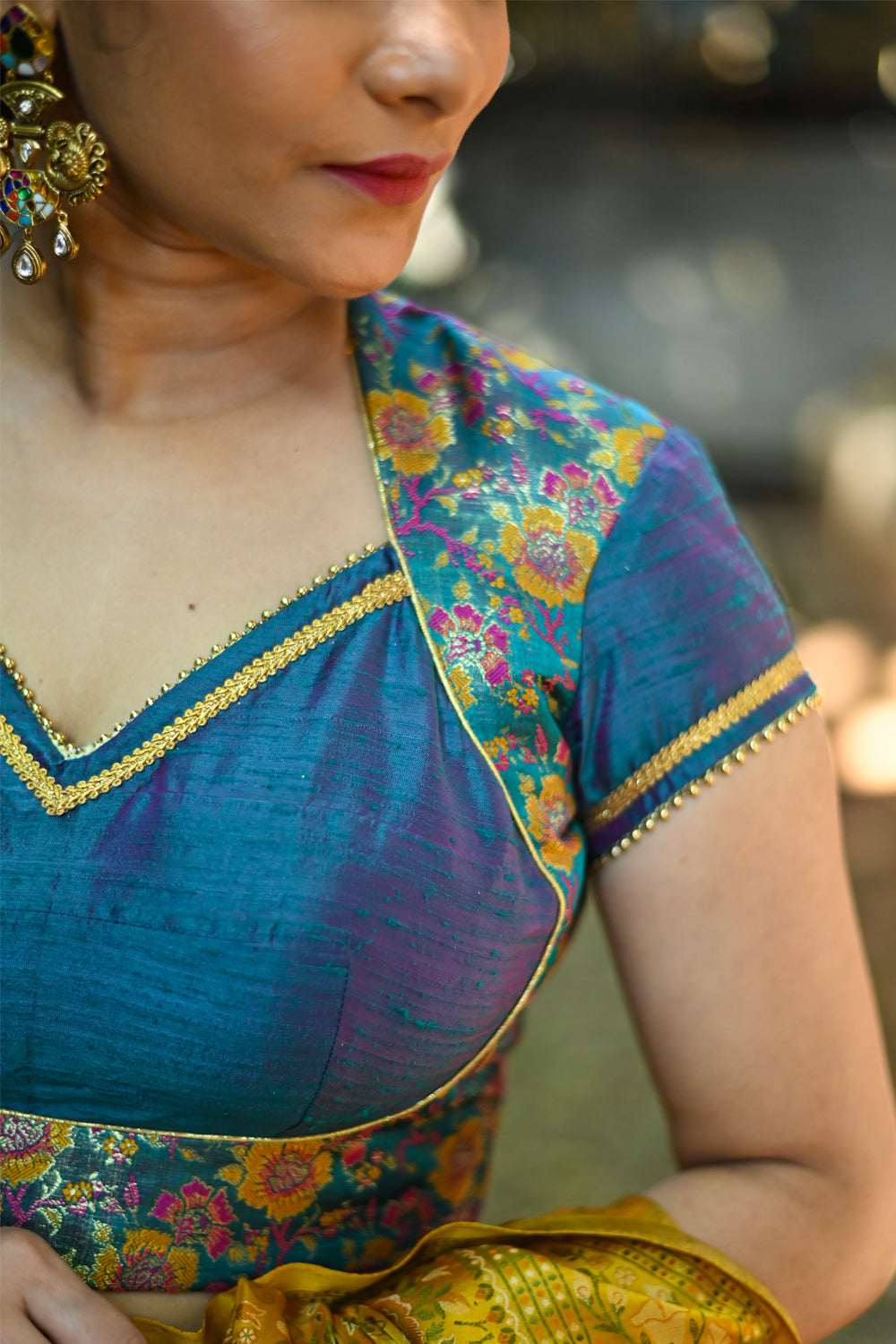 Cerulean blue Banaras brocade & raw silk sweet heart neck blouse