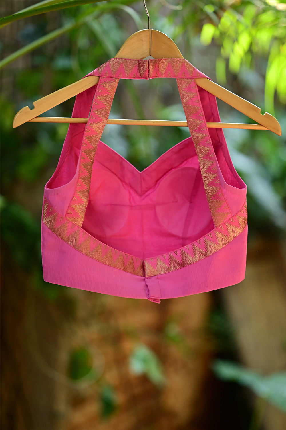 Bubblegum pink chiffon halter neck blouse with zari border