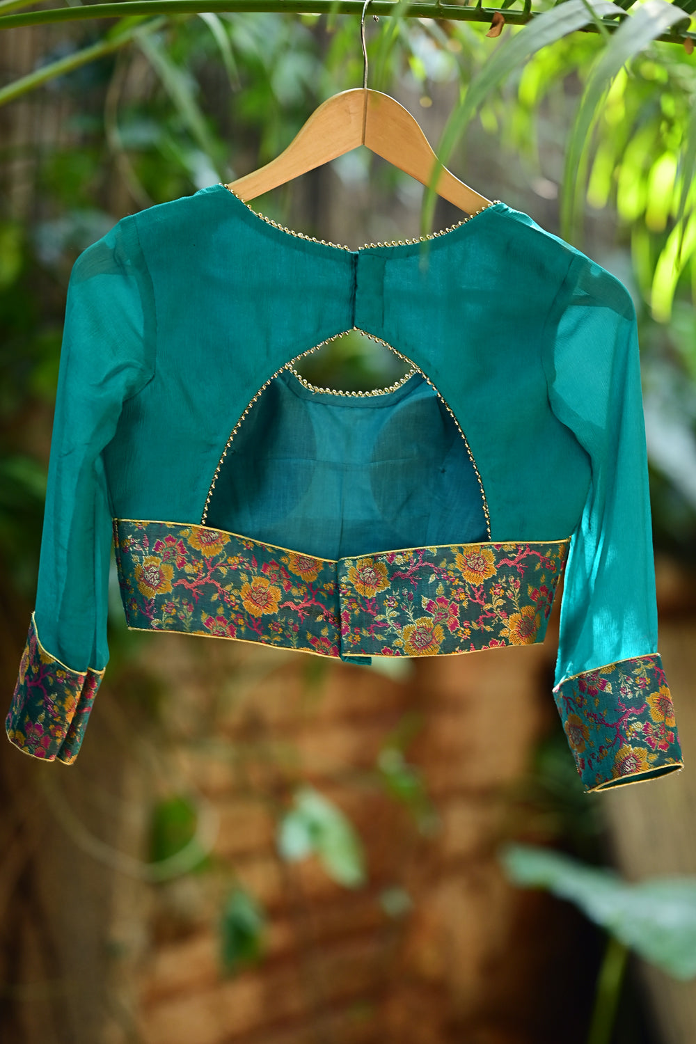 Cerulean blue pure chiffon square neck blouse with  multicolour brocade border