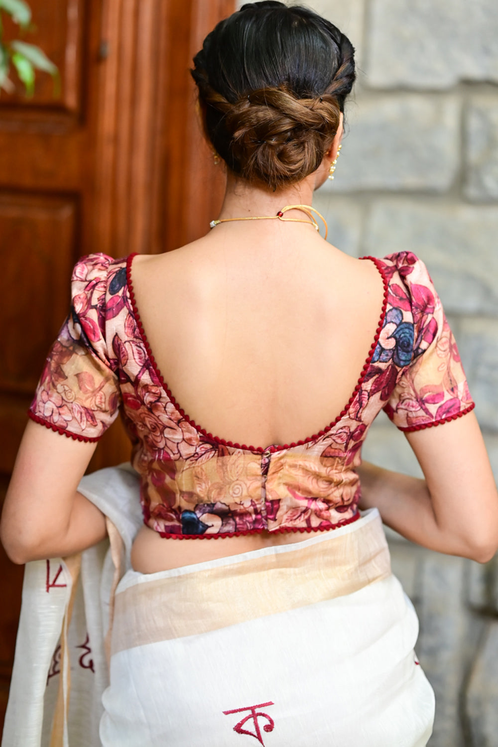 Beige floral  pure rawsilk boatneck blouse with maroon floral print and lace detailing