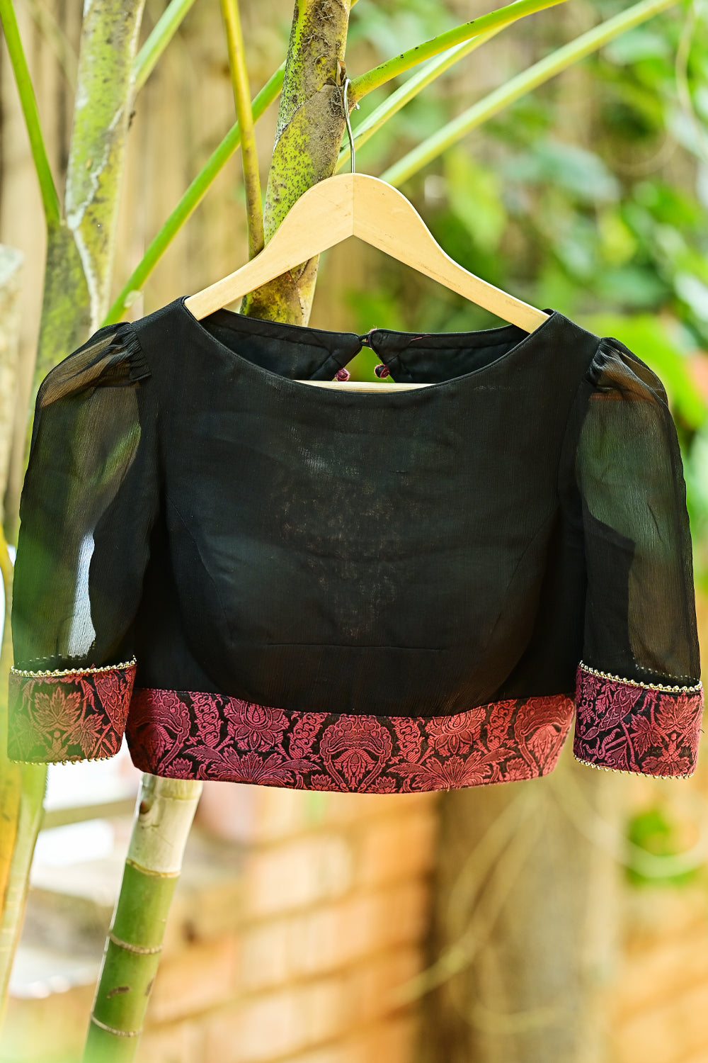 Black pure chiffon boatneck blouse with brocade border and back detailing