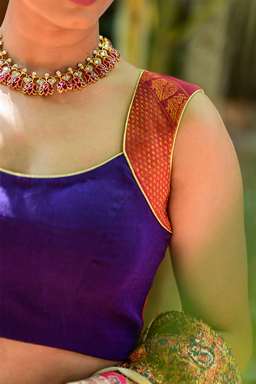 Violet sweet heart neck with arm band sleeveless blouse in narayanpet cotton