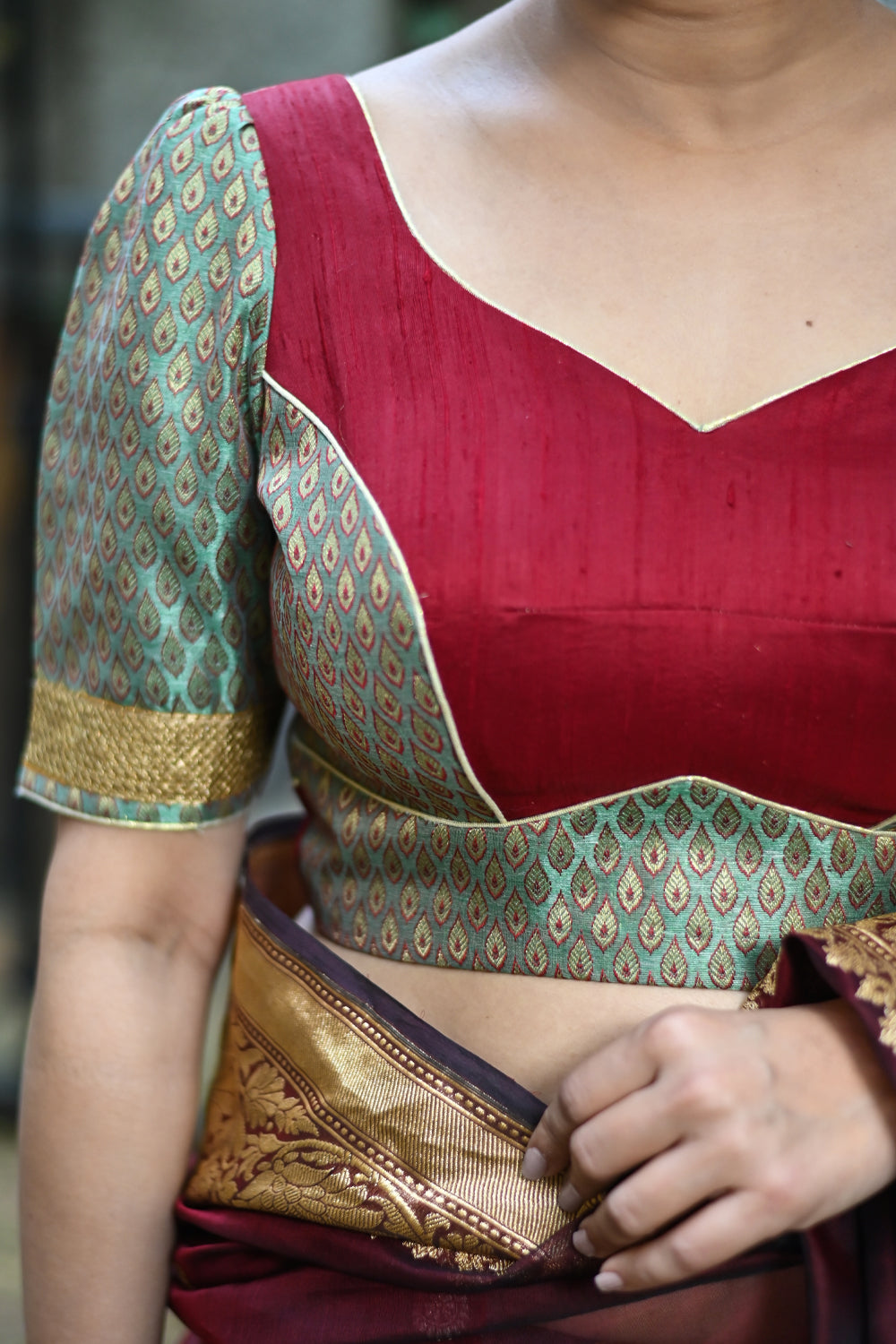 Pistachio green brocade and maroon raw silk sweetheart neck blouse