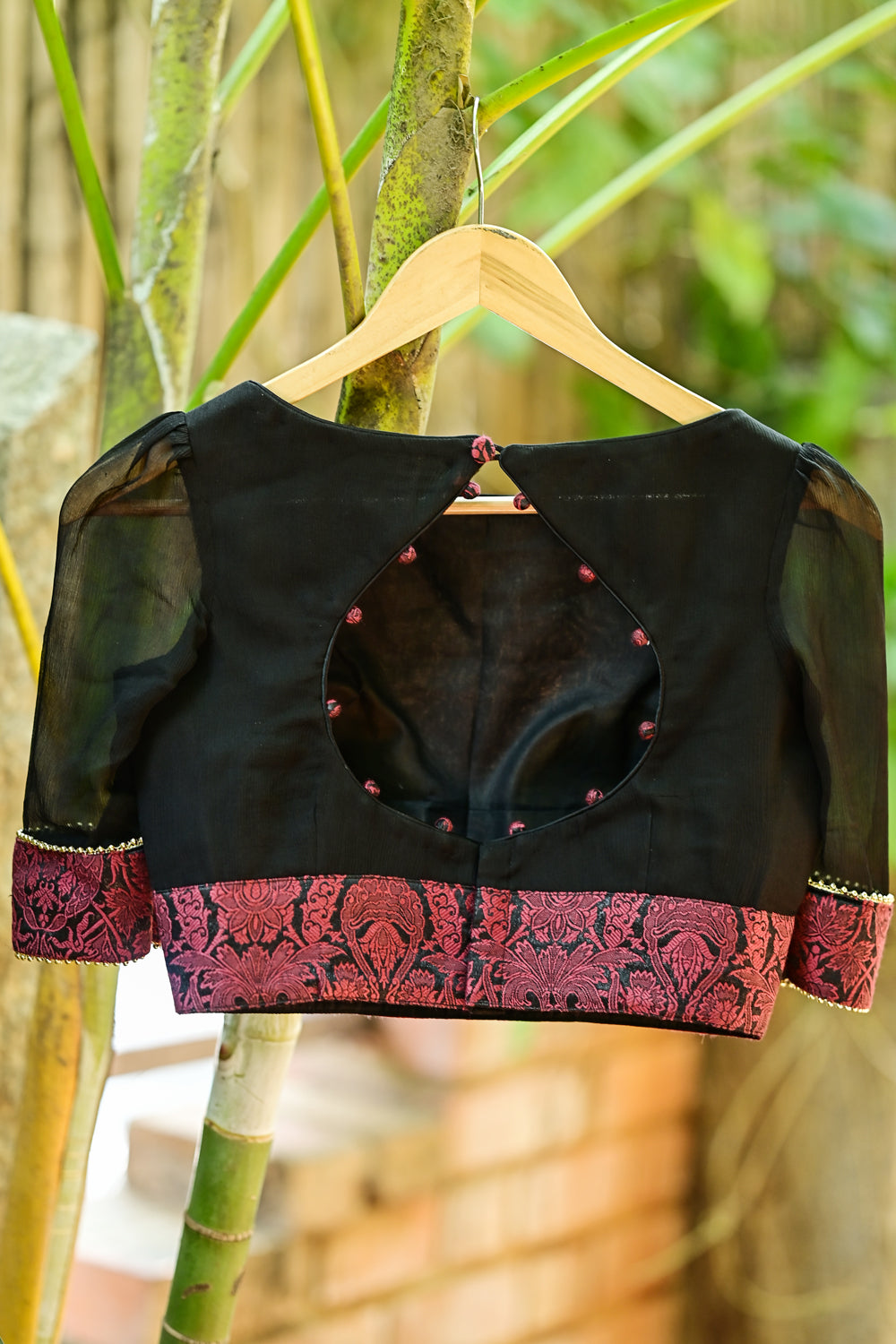 Black pure chiffon boatneck blouse with brocade border and back detailing