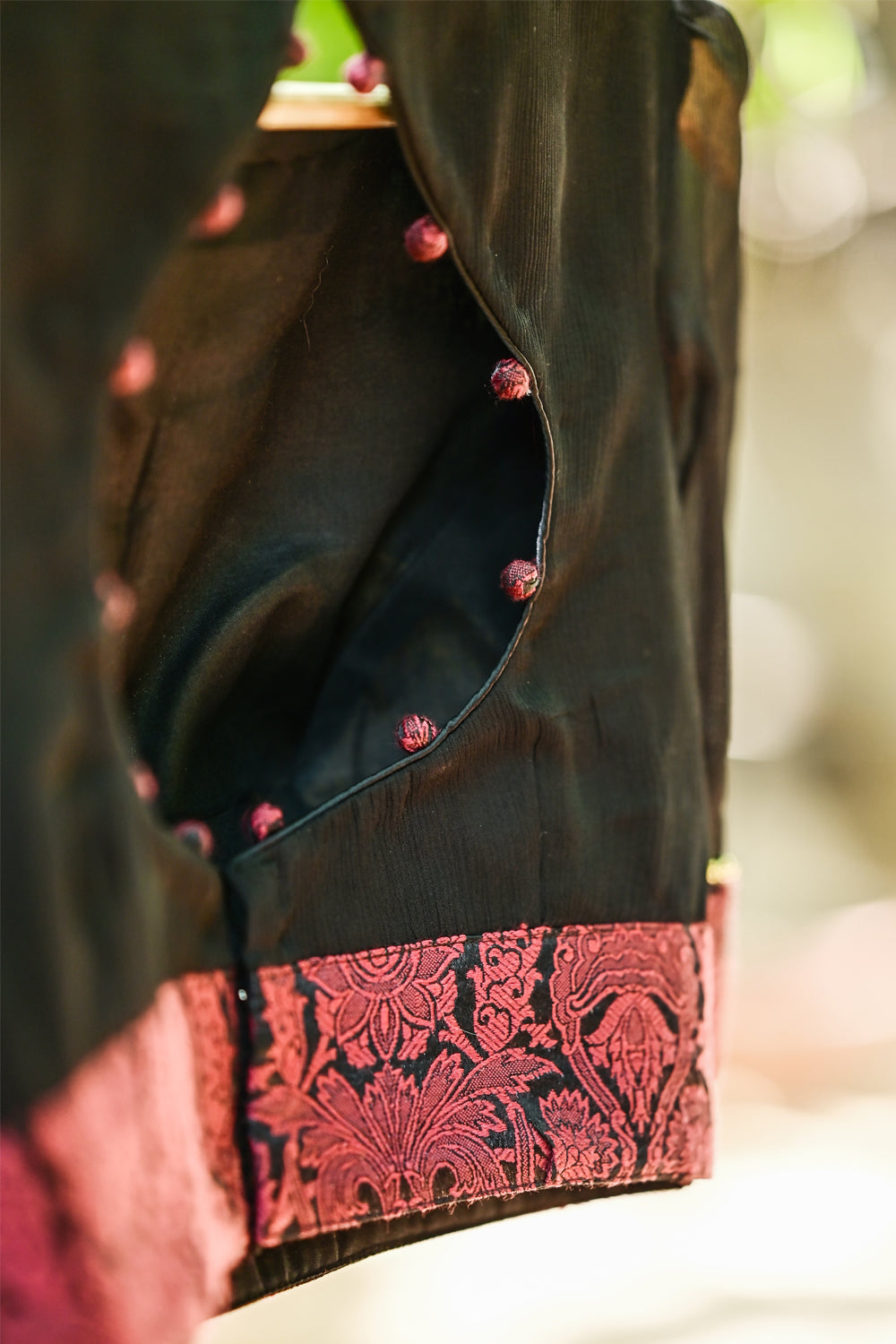 Black pure chiffon boatneck blouse with brocade border and back detailing