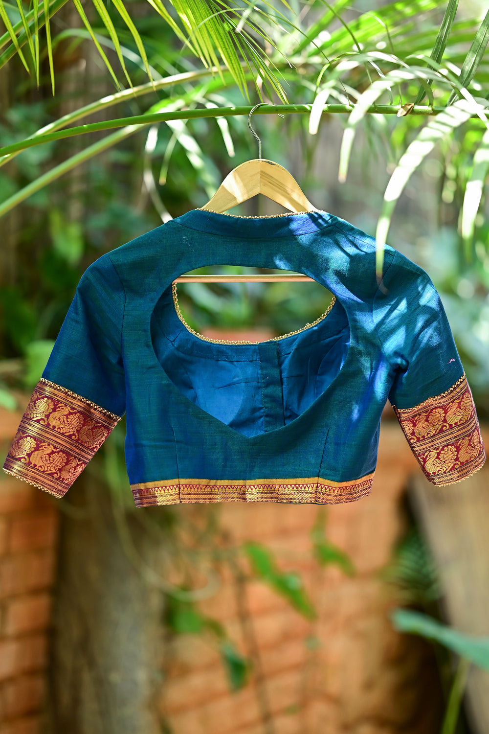 Blue sapphire pot neck blouse in Narayanpet cotton