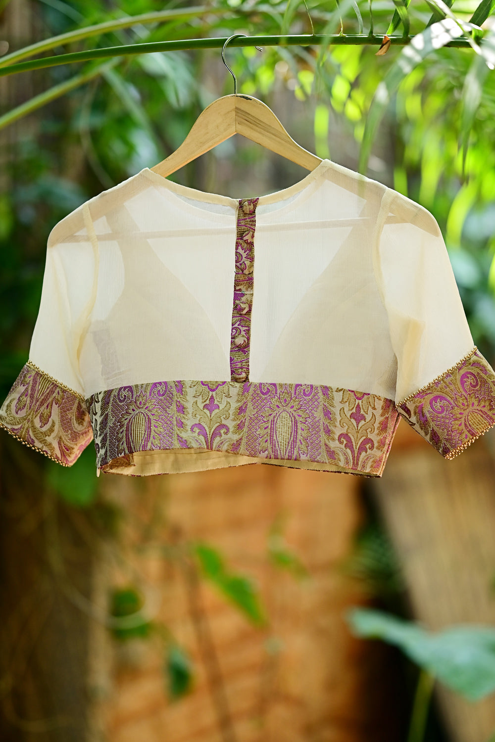 Beige chiffon & voilet brocade closed U neck blouse with sheer yoke and sleeves