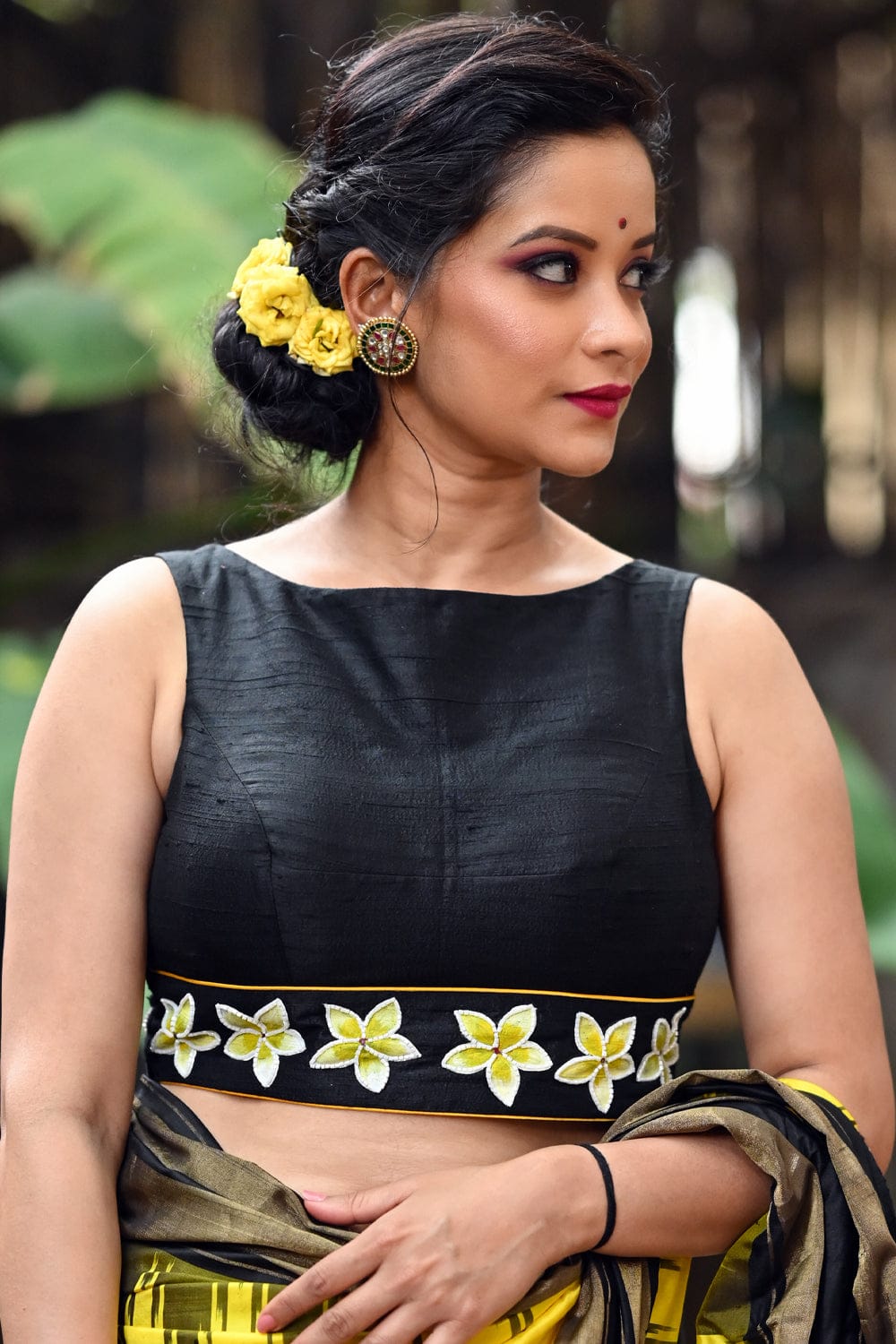 Black raw silk boatneck blouse with hand painted and embroidered champaka poovu