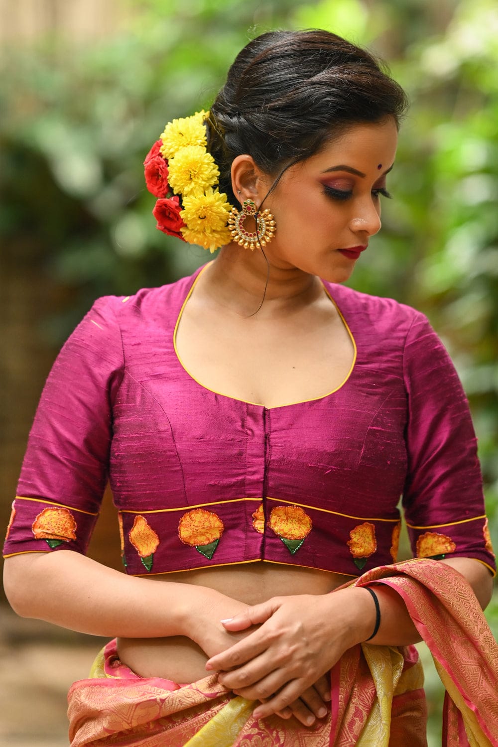 Magenta pink rawsilk  potneck blouse with hand painted and embroidered banthi poovu