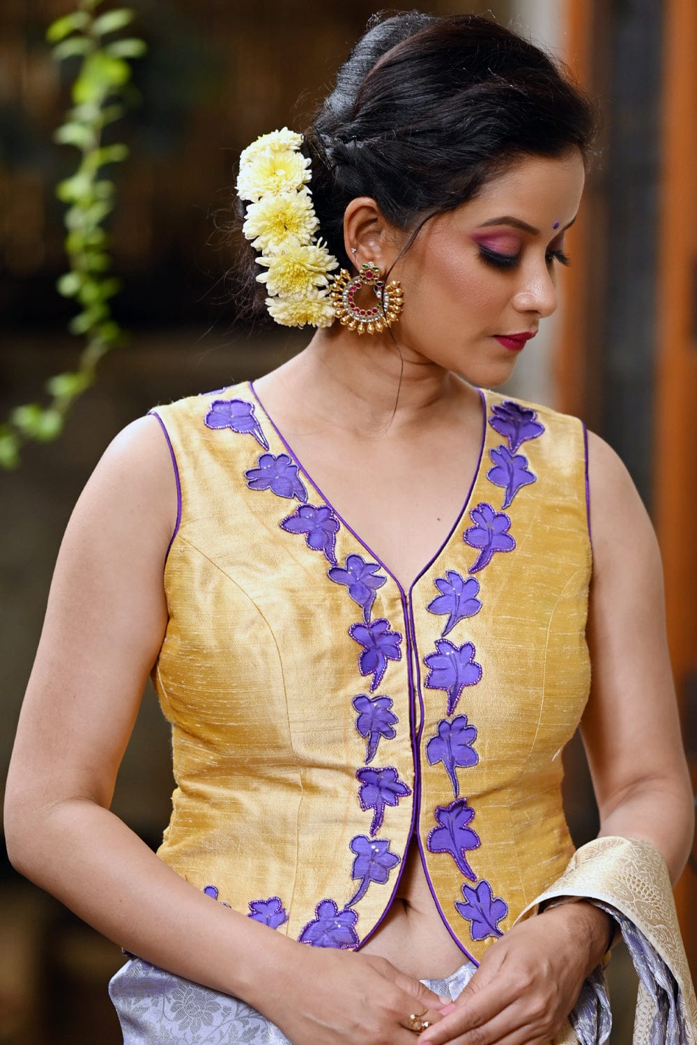 Beige raw silk jacket with hand painted and embroidered december poovu