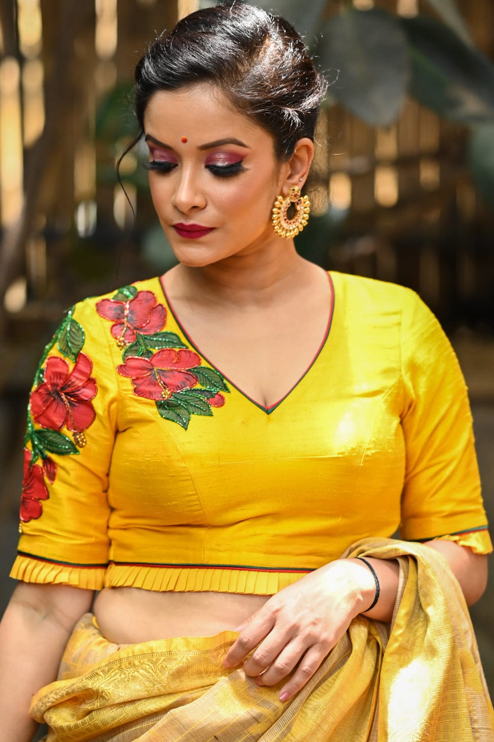 Yellow raw silk V neck blouse with hand painted and embroidered mandaram poovu