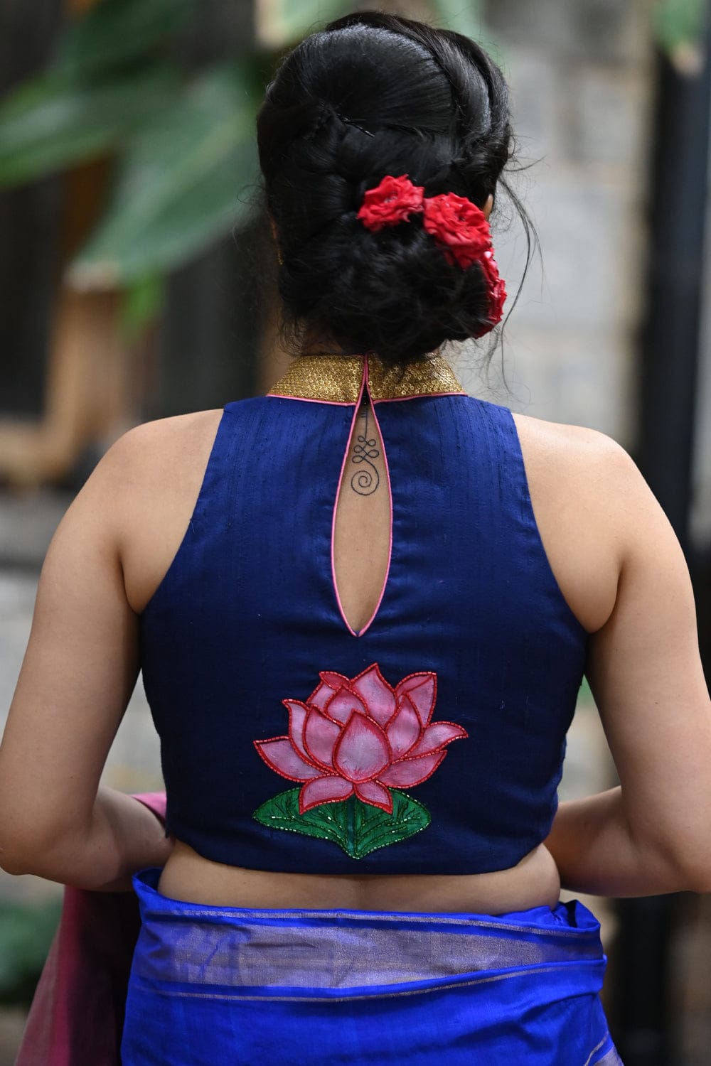 Navy blue raw silk racer back blouse with hand painted and embroidered tamara poovu