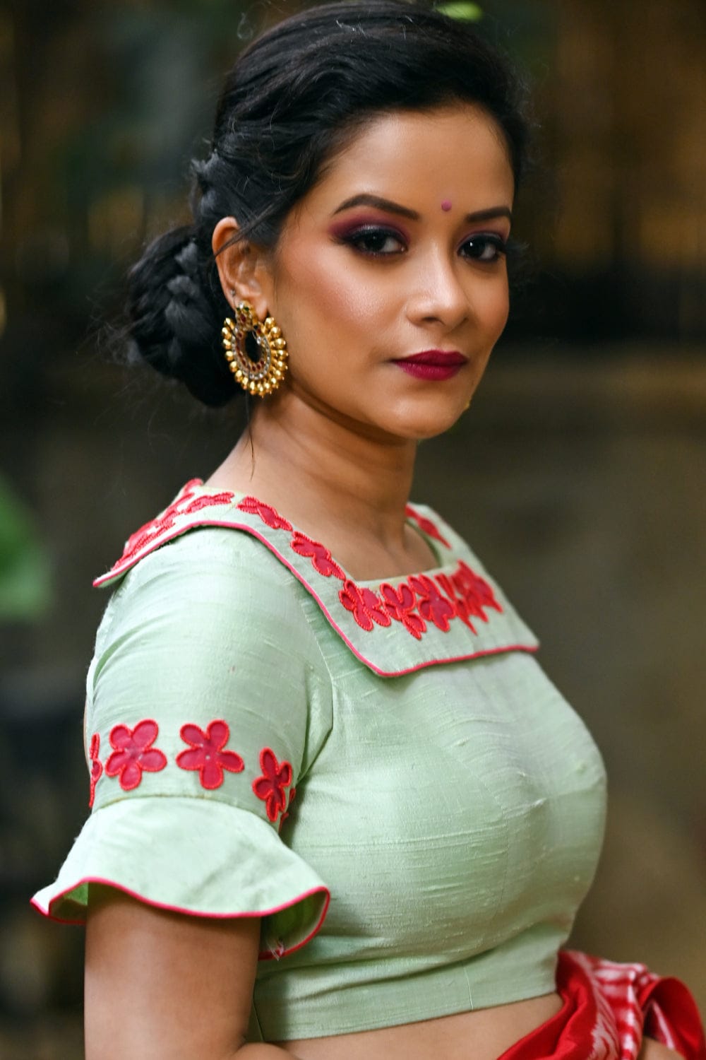Pista green rawsilk square neck collared blouse with hand painted and embroidered arali poovu