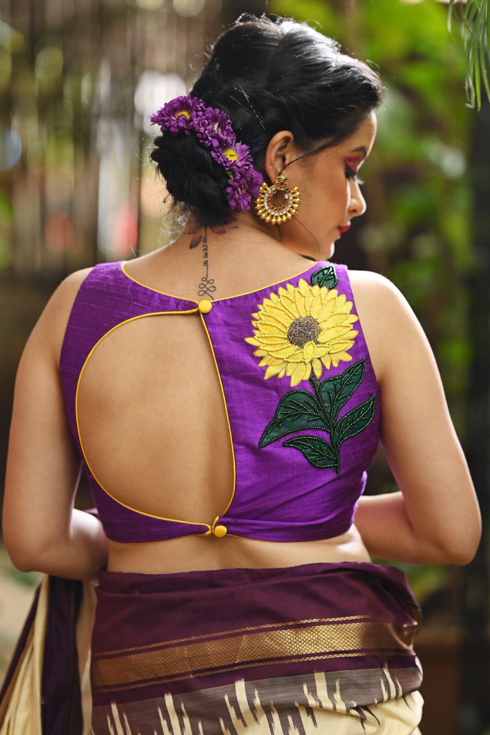 Violet raw silk boatneck blouse with  hand painted and embroidered suryakanthi