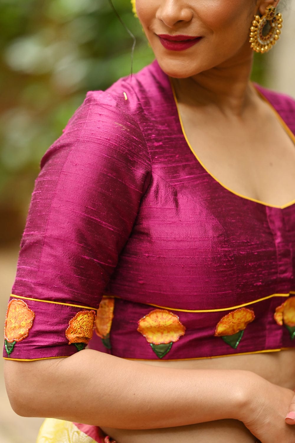 Magenta pink rawsilk  potneck blouse with hand painted and embroidered banthi poovu