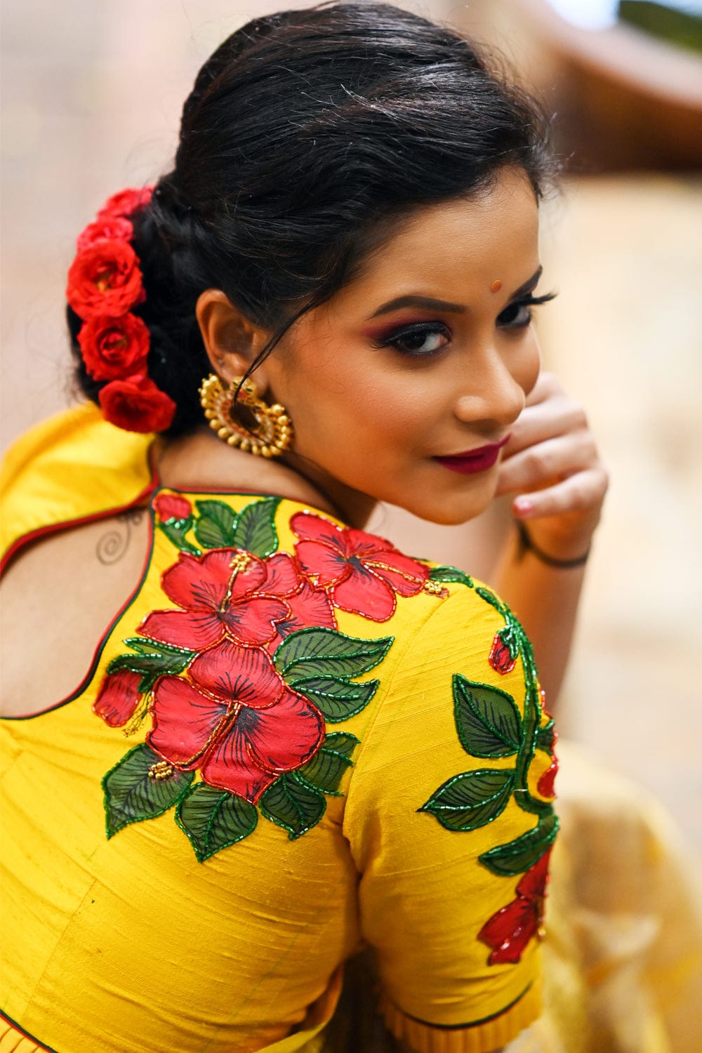 Yellow raw silk V neck blouse with hand painted and embroidered mandaram poovu