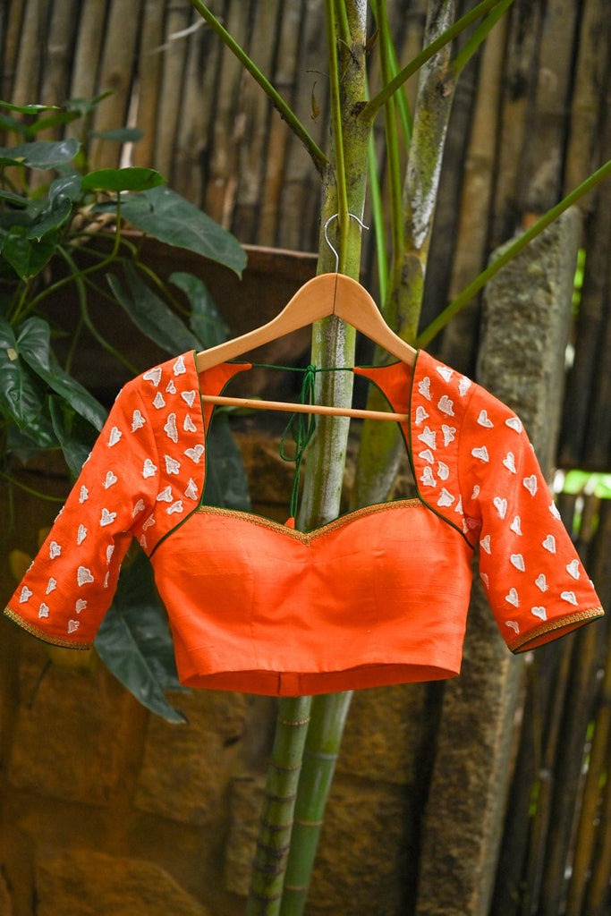 Orange raw silk sweetheart neck blouse with hand painted and embroider ...