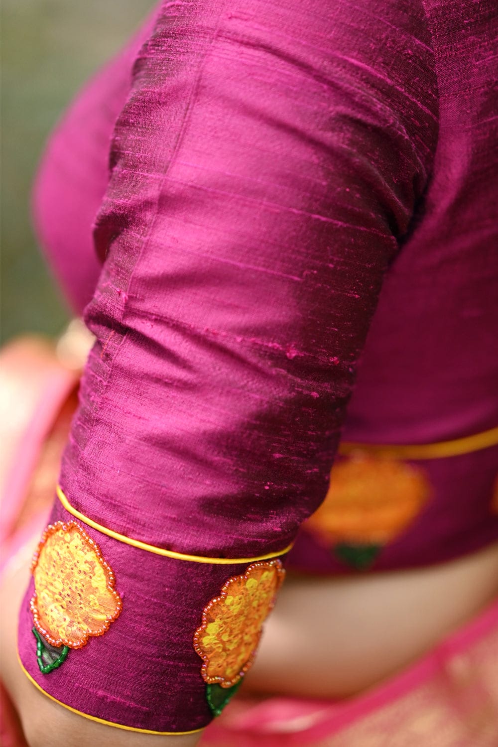 Magenta pink rawsilk  potneck blouse with hand painted and embroidered banthi poovu