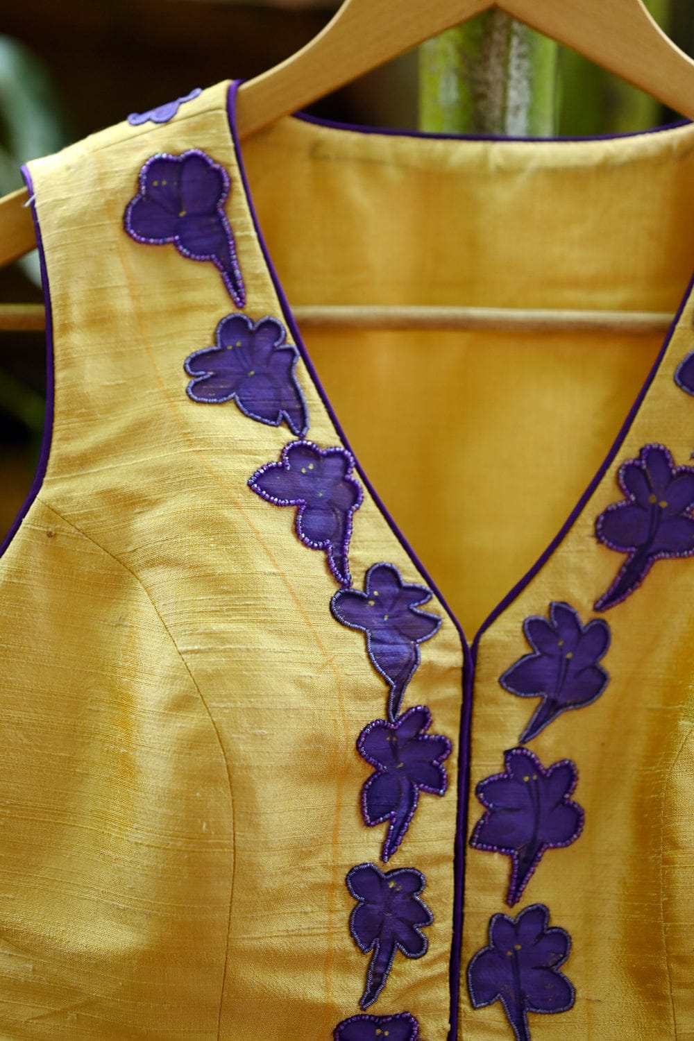 Beige raw silk jacket with hand painted and embroidered december poovu
