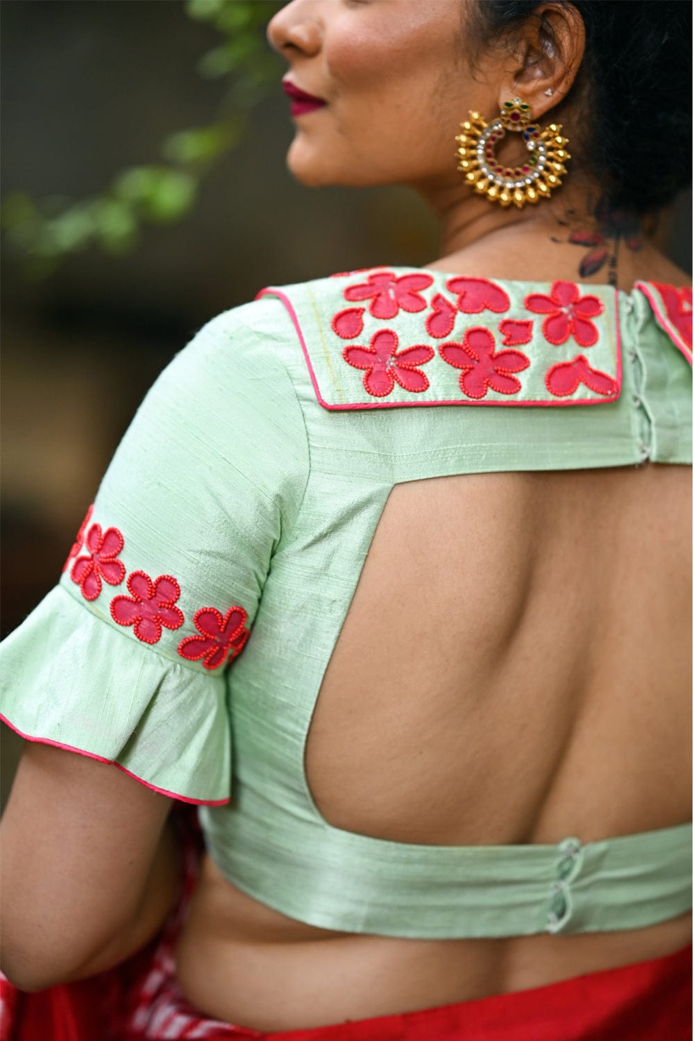 Pista green rawsilk square neck collared blouse with hand painted and embroidered arali poovu