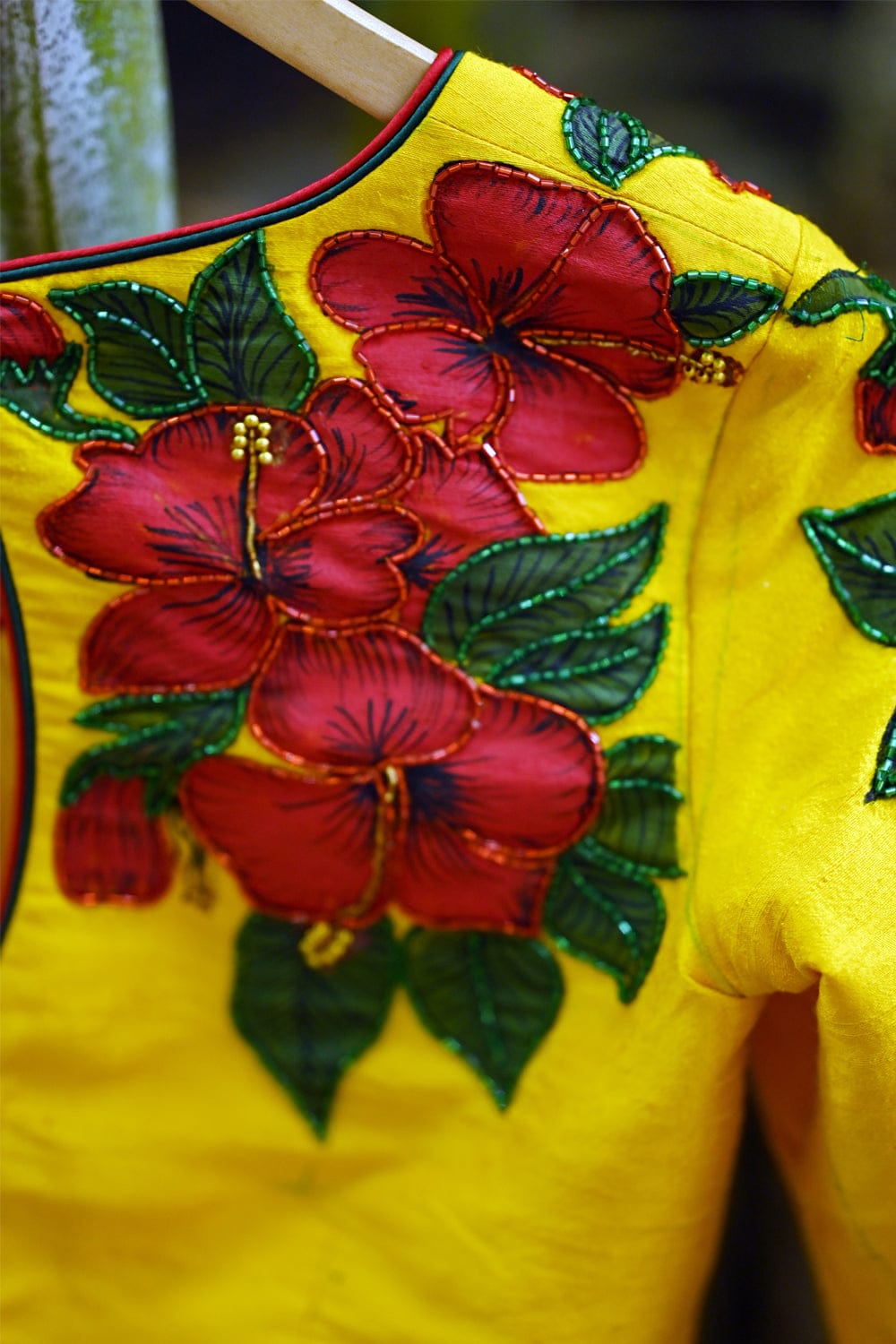 Yellow raw silk V neck blouse with hand painted and embroidered mandaram poovu