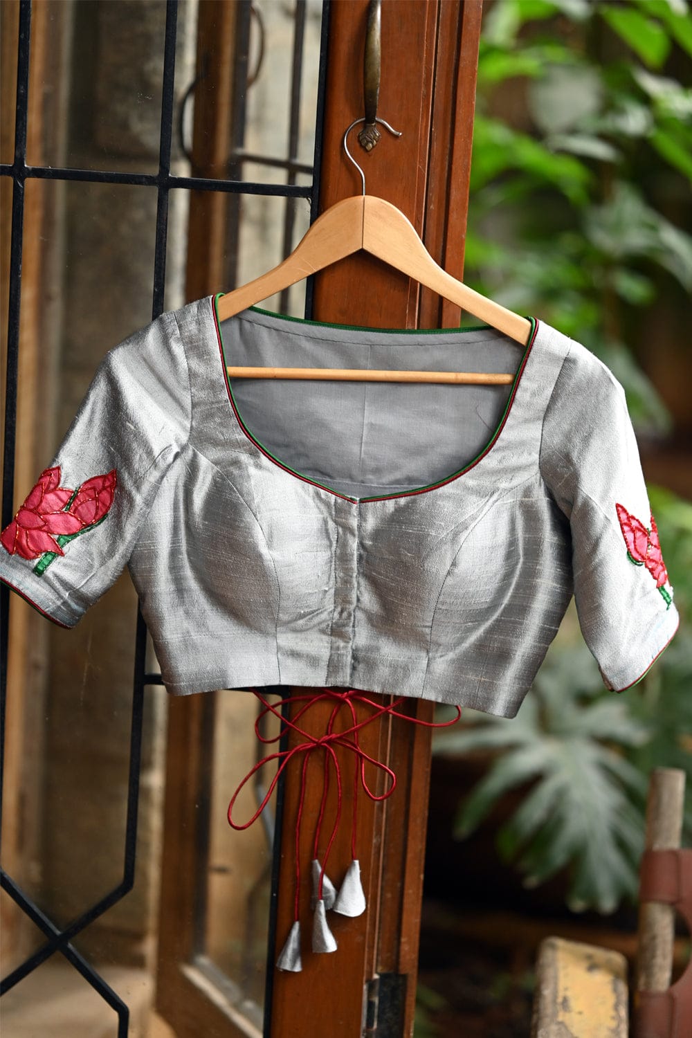 Grey raw silk U neck blouse with hand painted and embroidered tamara poovu
