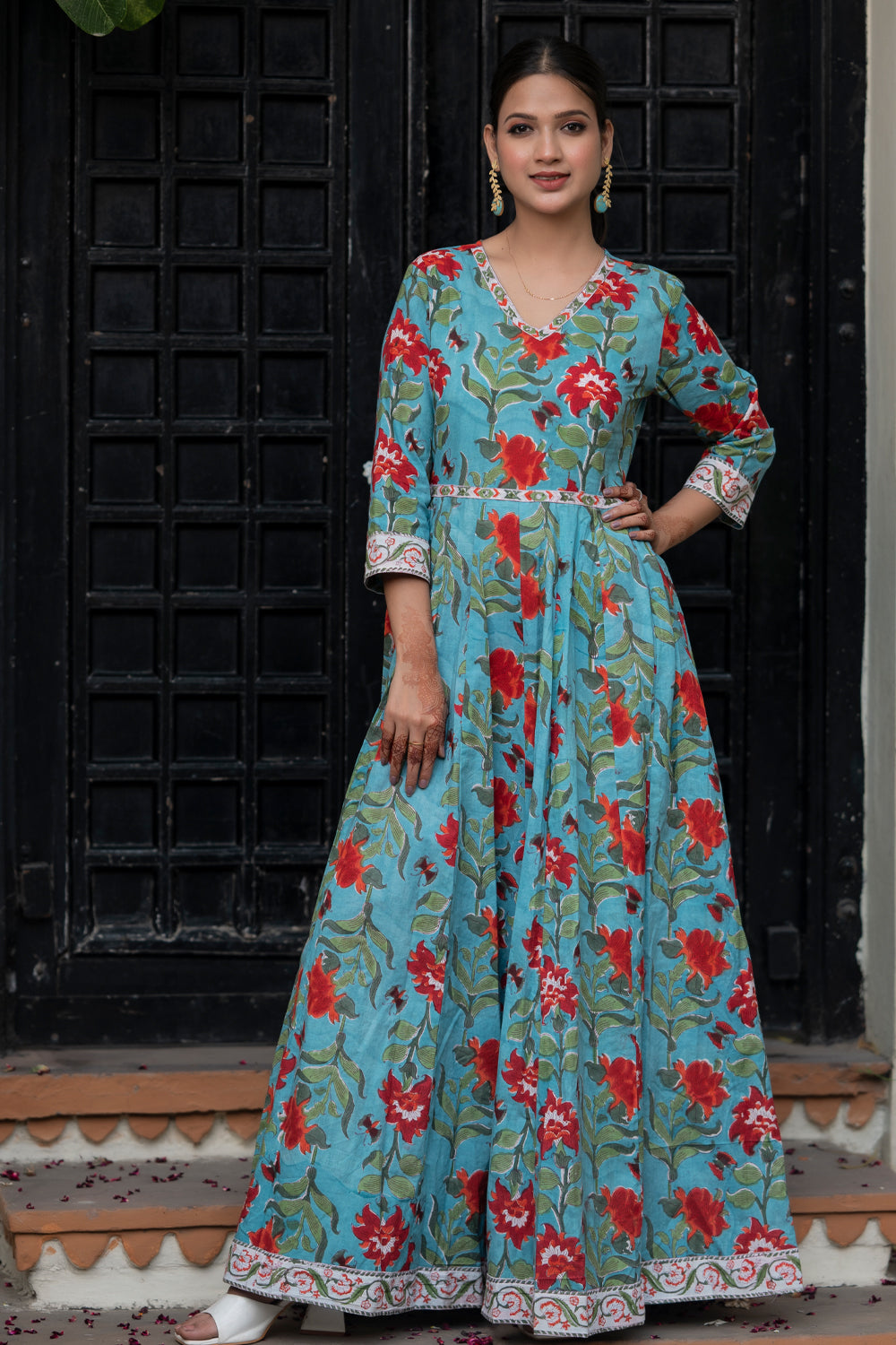 6 Meter Flare Long Dress for Women in Blue and Coral | Made To Order