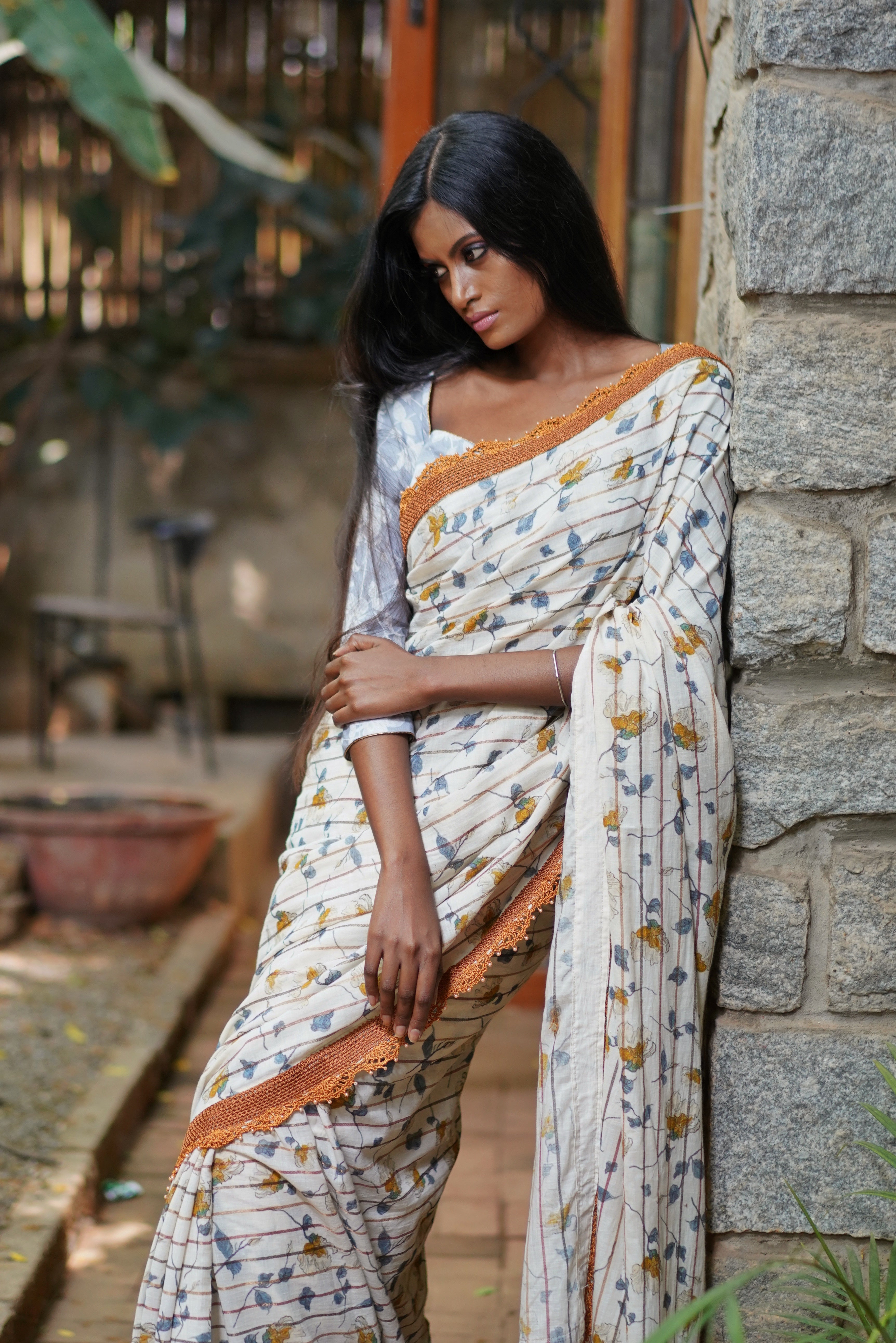Off white and mustard floral muslin cotton saree with crochet border - House of Blouse