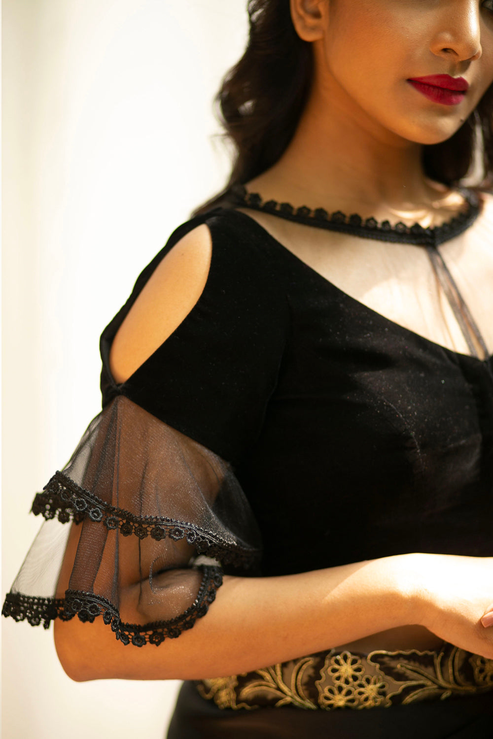 Black velvet blouse with sheer yoke and sleeves