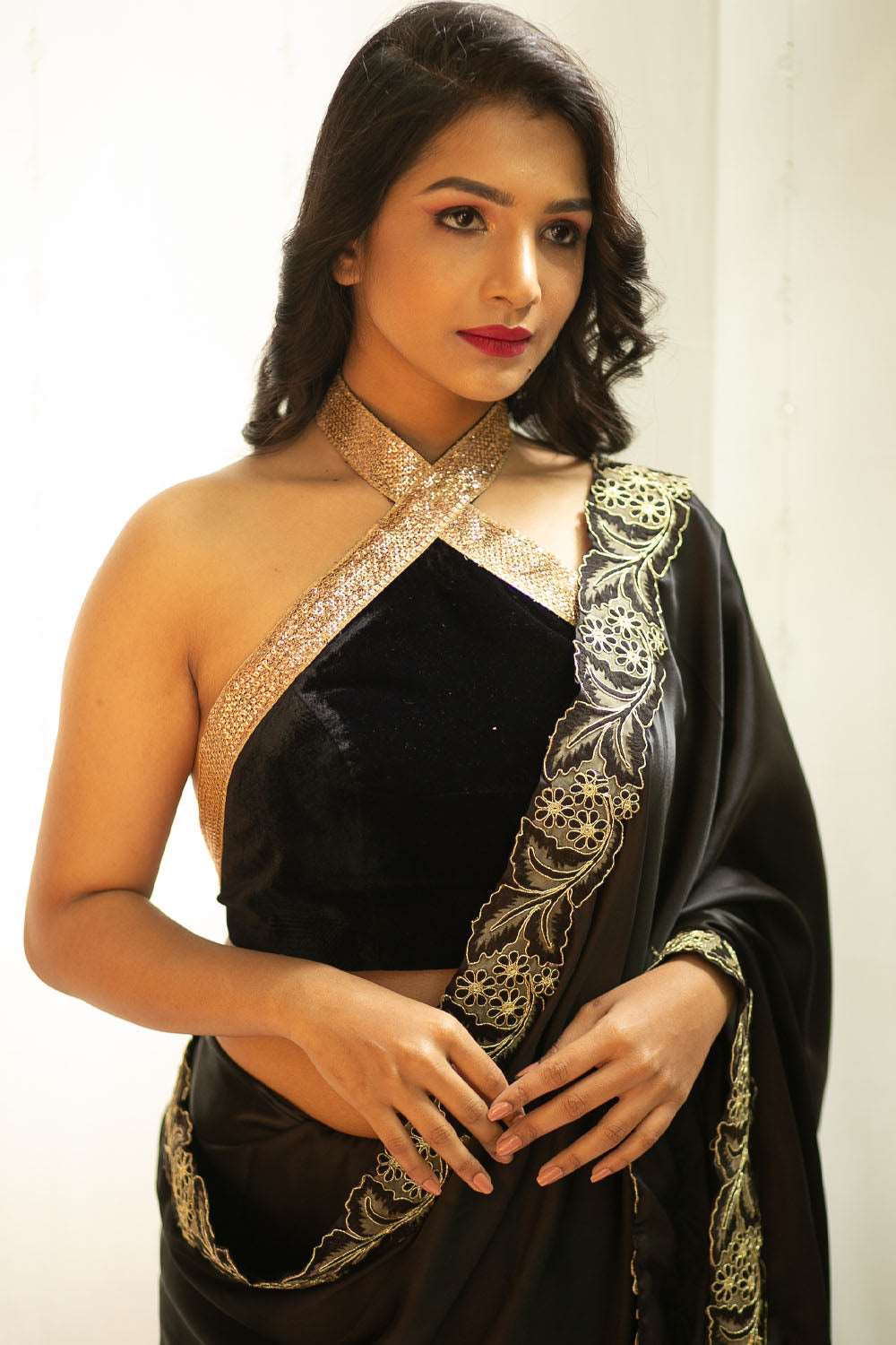Black velvet halter neck blouse with sequin border